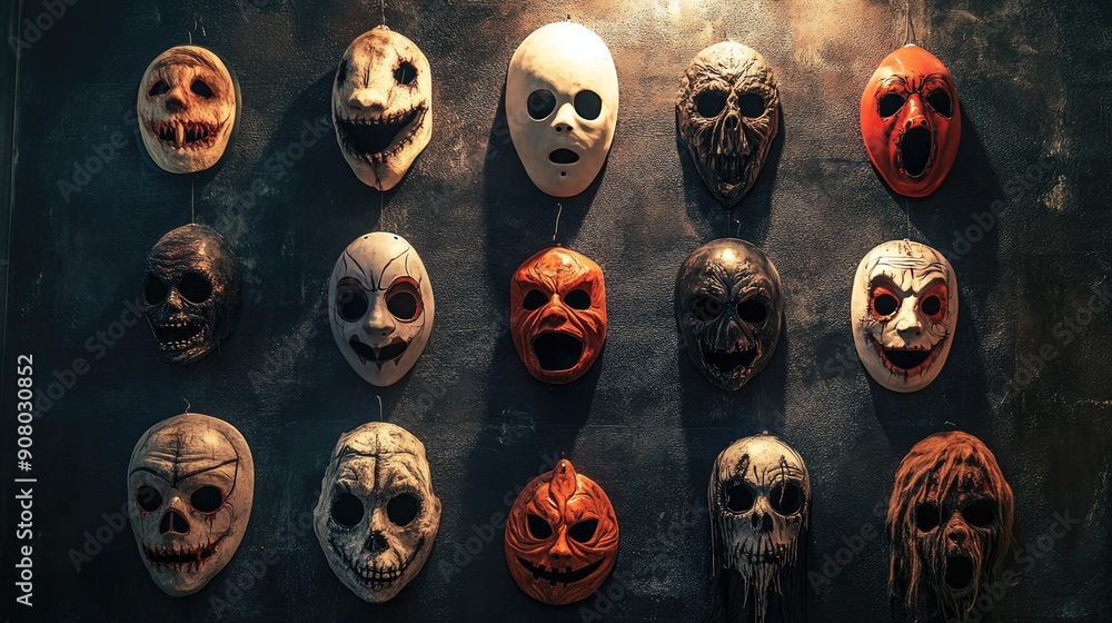 Halloween mask collection on a dark wall, eerie lighting, copy space Halloween mask collection on a dark wall, eerie lighting, copy space