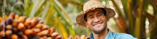 Asian farmer smiling and presenting ripe Bahi date palm fruit on farm showcasing sweet and delicious Date palm varieties for fresh consumption photo