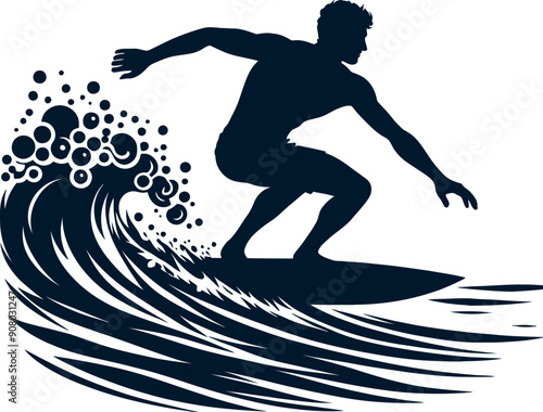 Silhouettes of a surfer surfing with his surfboard black illustration on a white background