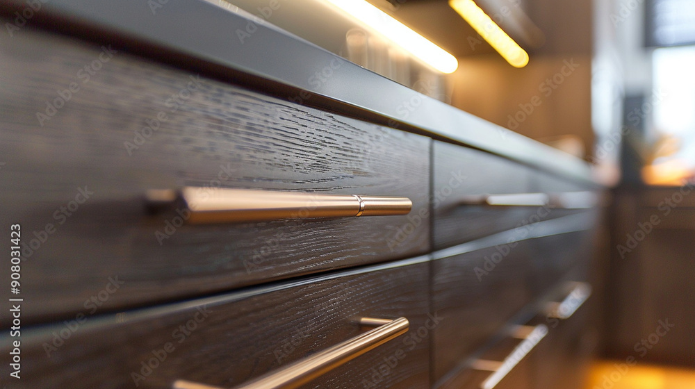 Close-up of a kitchen cabinet with polished handles and wood grain textures Close-up of a kitchen cabinet with polished handles and wood grain textures