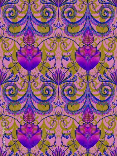 Wallpaper Mural Dive into a surreal world with this vibrant seamless pattern featuring octopuses, chains, and headphones, blending marine life with musical elements in a whimsical design. Torontodigital.ca