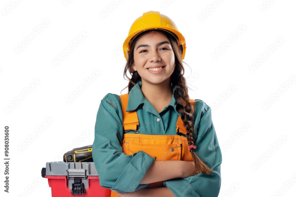 Happy Hispanic female utility worker with toolbox Isolated on white background Happy Hispanic female utility worker with toolbox Isolated on white background