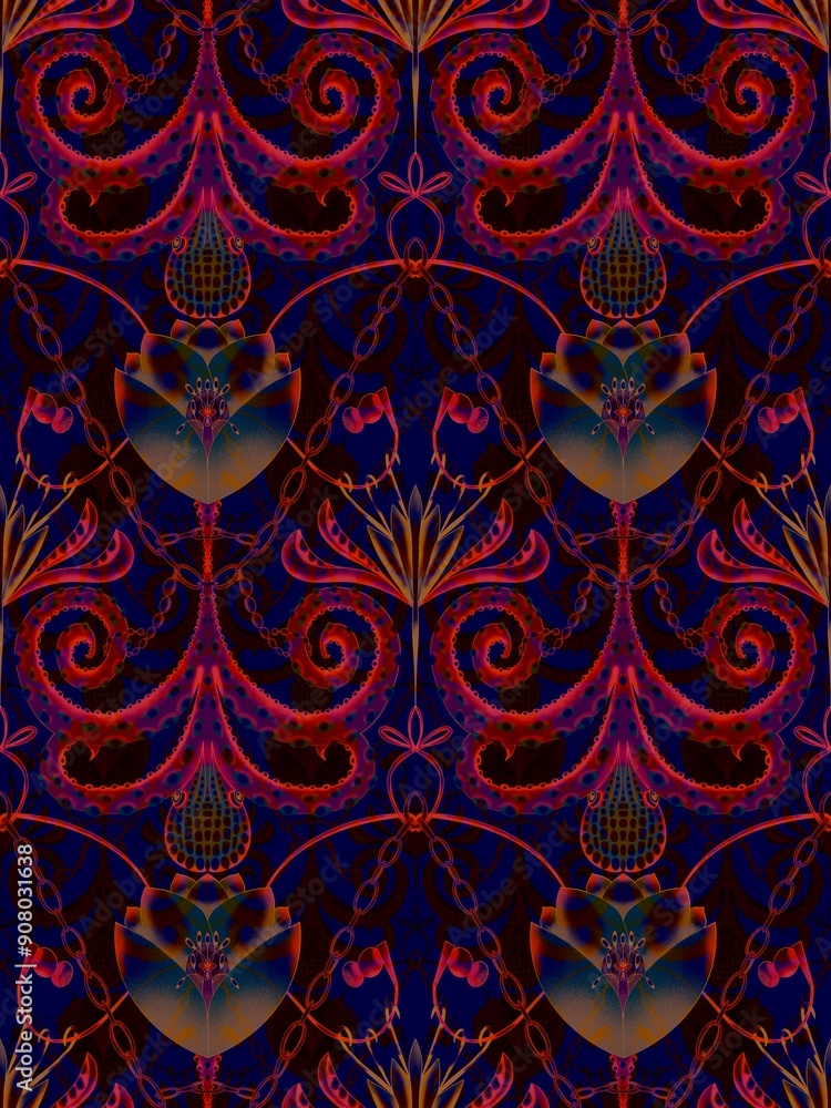 Fototapeta premium Dive into a surreal world with this vibrant seamless pattern featuring octopuses, chains, and headphones, blending marine life with musical elements in a whimsical design.