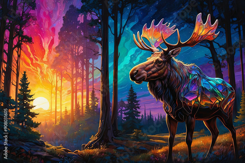 a artisanal handcrafted stained glass ornament, stylized moose by a tree