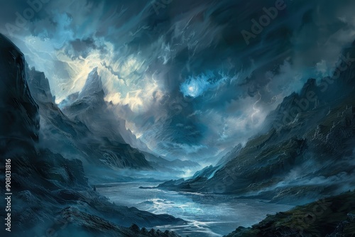 A picturesque landscape depicting a river winding through a stormy mountain range under a dramatic sky