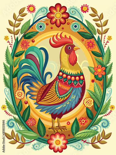 Ornate Rooster with Floral Border