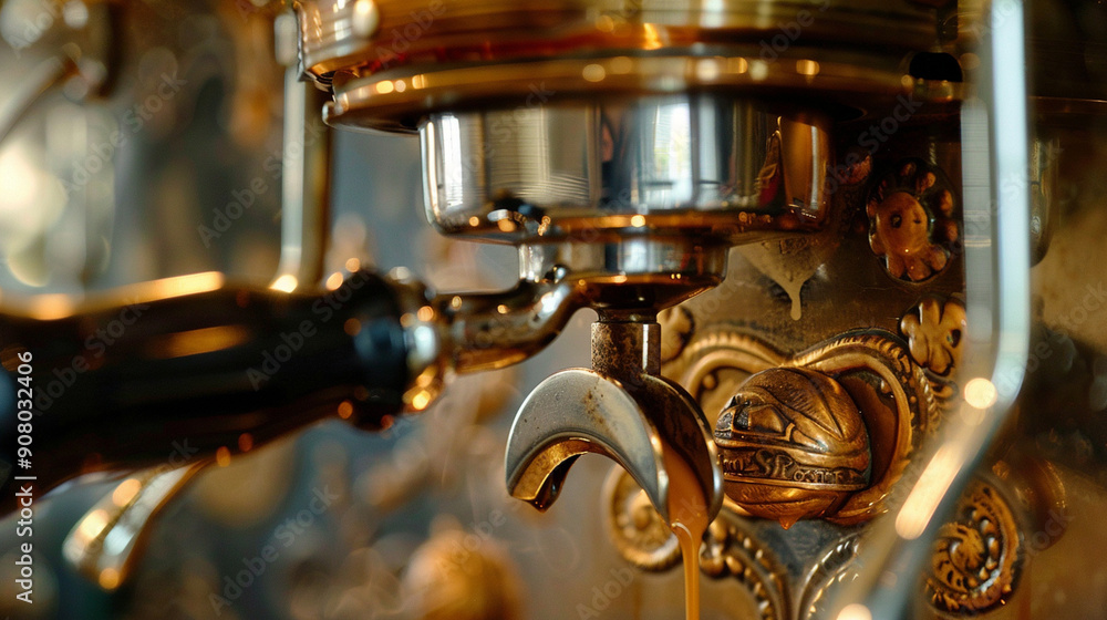 Close-up of a coffee maker with intricate detailing and freshly brewed coffee Close-up of a coffee maker with intricate detailing and freshly brewed coffee