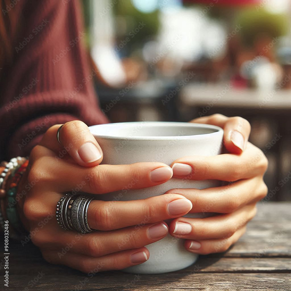 A close-up of a person's hands holding a white mug Generated by AI A close-up of a person's hands holding a white mug Generated by AI