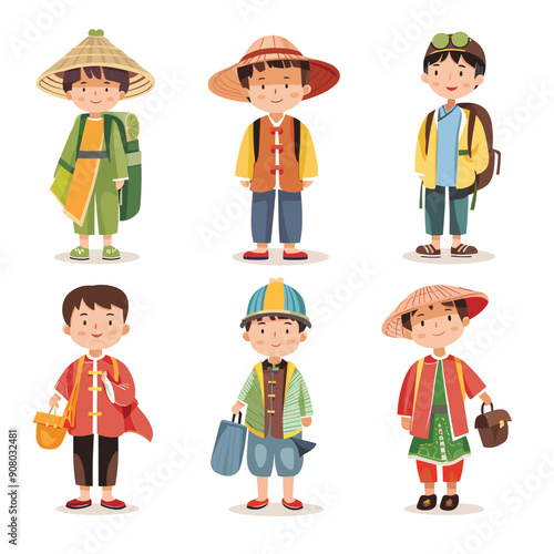 Boys wearing traditional Asian clothing, diverse cultural outfits, smiling faces. Characters various hats, casual festive attire, traditional costumes. Isolated white background, colorful