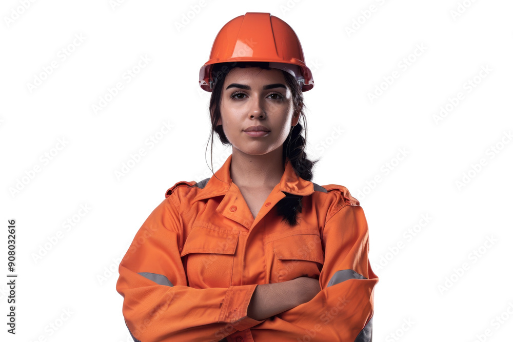 Middle-aged ethnic worker woman in protective uniform and helmet looking at camera isolated on white background -