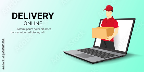 Fast online delivery service. Delivery courier man in red shirt holding order in package parcel out from laptop. Shopping online, Online order, delivery package, Banner website. 3D Vector illustration