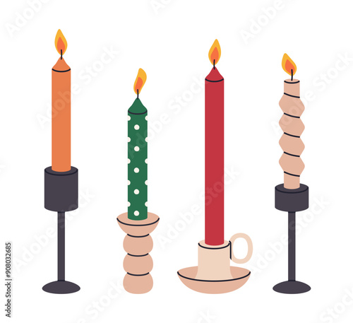 Christmas wax scented candles. Xmas decor candles in candlestick, winter holidays burning candles flat vector illustration set. Aroma taper candles on white