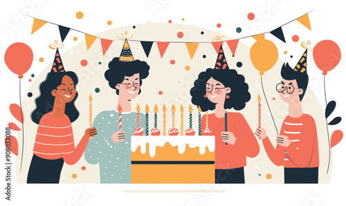 Group celebrating persons birthday festive party, four happy friends assorted ethnicities, adults men women, wearing party hats, smiling, holding candles, big cake, colorful balls, banner, isolated