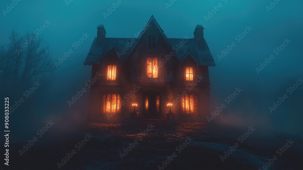 Haunted house with flickering candles in the windows, spooky night, copy space Haunted house with flickering candles in the windows, spooky night, copy space
