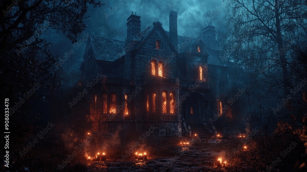 Haunted house with flickering candles in the windows, spooky night, copy space Haunted house with flickering candles in the windows, spooky night, copy space
