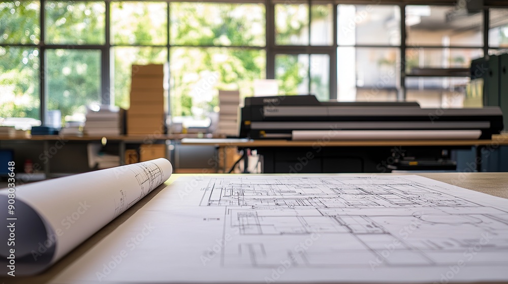 Large format printer printing architectural blueprints in modern office Large format printer printing architectural blueprints in modern office