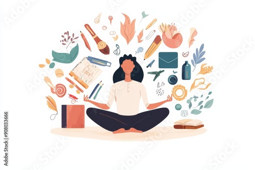 An illustration of a person meditating with workrelated objects on one side and familypersonal items on the other, depicting balance photo