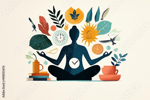 An illustration of a person meditating with workrelated objects on one side and familypersonal items on the other, depicting balance photo