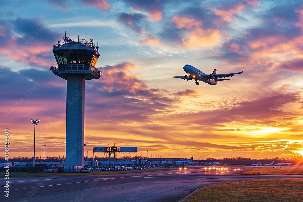 Airplane landing at airport during sunset near control tower Airplane landing at airport during sunset near control tower