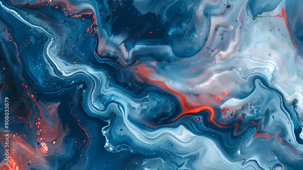 Abstract swirls of blue, white, and red paint create a mesmerizing and artistic effect. The flowing lines and scattered dots evoke a sense of movement and energy. Abstract swirls of blue, white, and red paint create a mesmerizing and artistic effect. The flowing lines and scattered dots evoke a sense of movement and energy.