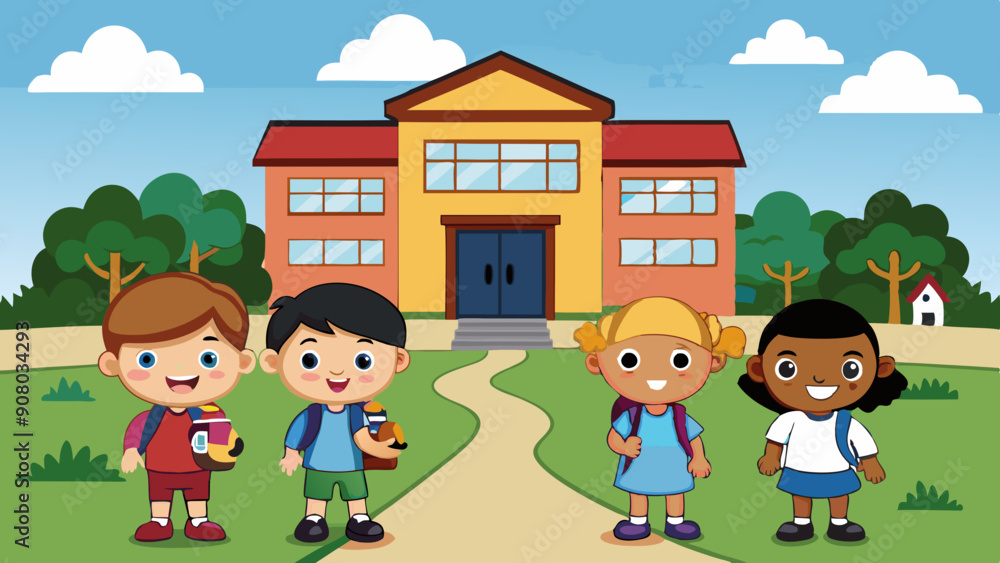 kids outside the school vector illustration kids outside the school vector illustration