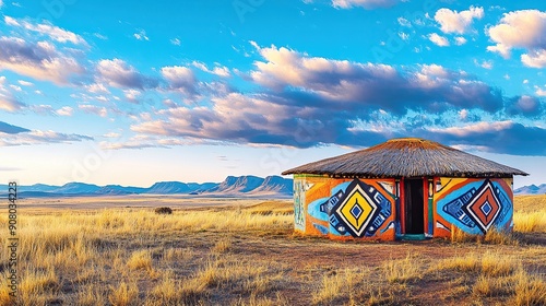 Colorful traditional Ndebele hut in South African plains at sunset photo