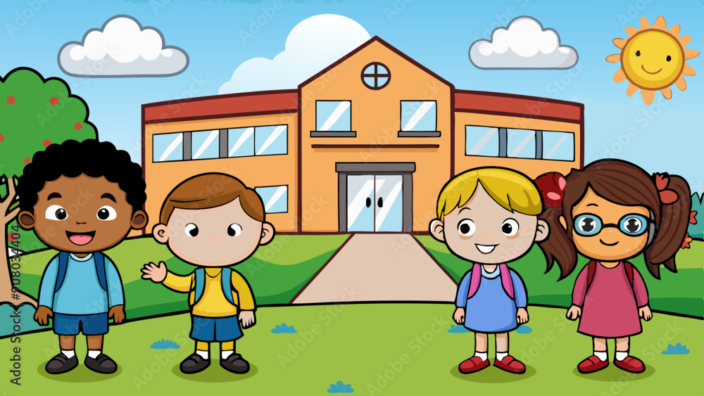 kids outside the school vector illustration kids outside the school vector illustration