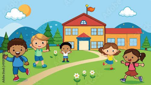 kids outside the school vector illustration