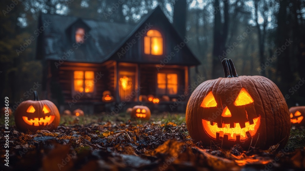 Haunted house with glowing jack-o'-lanterns in the yard, spooky night, copy space Haunted house with glowing jack-o'-lanterns in the yard, spooky night, copy space
