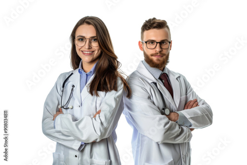 Smiling male and female doctors standing together isolated on white background