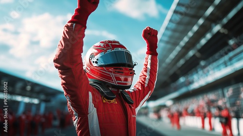 Race driver celebrating victory at the racetrack in red racing suit photo