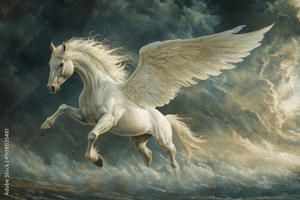 Fototapeta premium Elegant Pegasus with Outstretched Wings Flying Against a Stormy Backdrop, Capturing the Essence of Heroic Legends and Mythical Adventure, ai