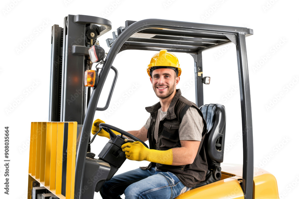 Warehouse staff operating a forklift Isolated on white background Warehouse staff operating a forklift Isolated on white background
