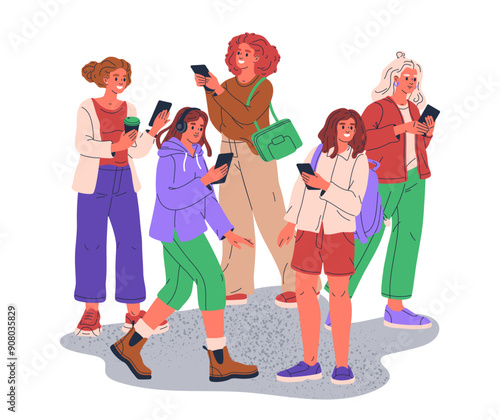 Girls group with smartphones. Women holding cellphones, female characters watching video or texting flat vector illustration. Ladies with phones surfing internet