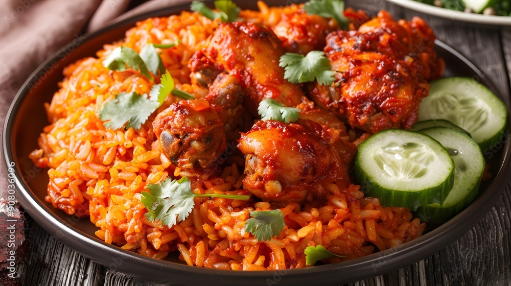 Traditional Malaysian food Nasi Tomato or Tomato Rice with spicy fried chicken on wooden background. Traditional Malaysian food Nasi Tomato or Tomato Rice with spicy fried chicken on wooden background.