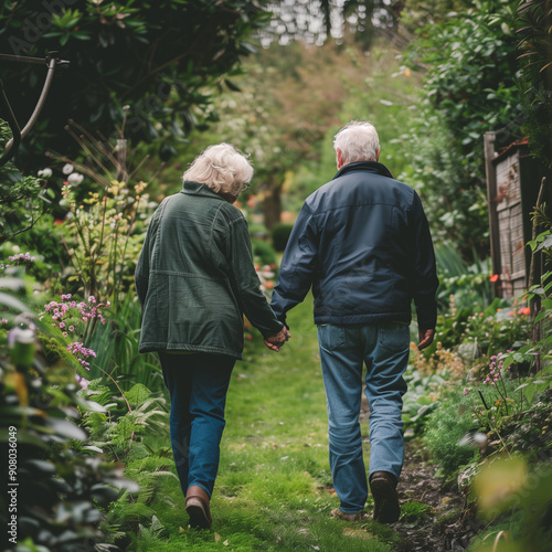 Elderly Couple Holding Hands Walking Through a Garden