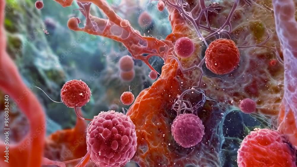 A detailed view shows red and pink cancer cells interwoven with complex ...