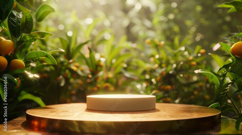 An empty round podium in the center on a background of mango plants. An empty round podium in the center on a background of mango plants.