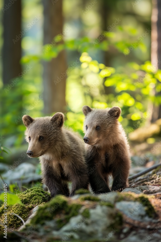 Two baby bears standing on a mossy rock in a forest Two baby bears standing on a mossy rock in a forest