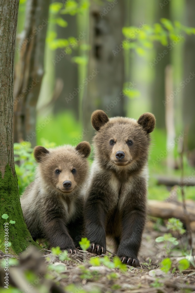 Two baby bears are sitting next to each other in a forest. They are both brown and looking at the camera Two baby bears are sitting next to each other in a forest. They are both brown and looking at the camera