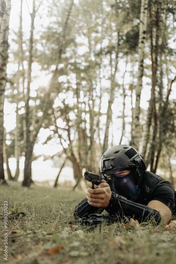 Soldier aiming to the target, and ready to shoot. Soldier aiming to the target, and ready to shoot.