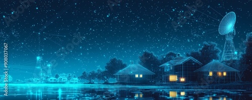 Futuristic wireframe homes with digital communication signals under a starry night sky