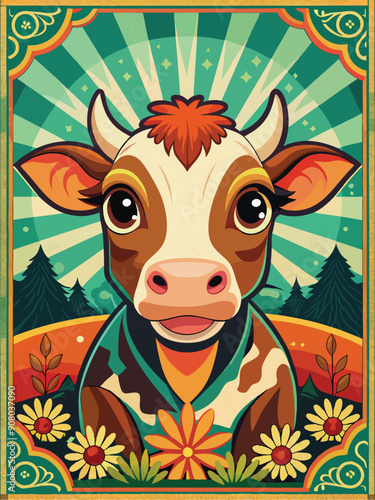 A Cartoon Cow in a Green Meadow with Flowers