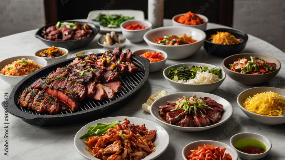 Obraz premium sizzling, aromatic Korean bbq, spread across a pristine
