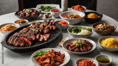 sizzling, aromatic Korean bbq, spread across a pristine