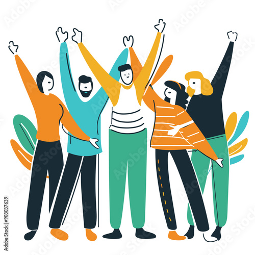 Five diverse figures celebrate unity raising arms, expressing joy camaraderie. Casual clothing bright colors, mixed genders, likely young adults, outdoors setting. Modern flat style art abstract