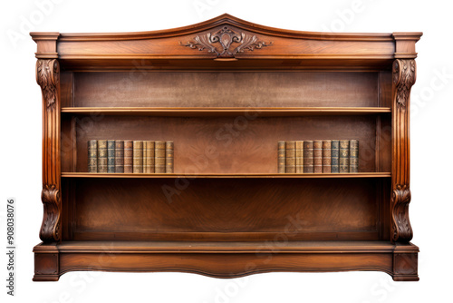 classic wooden bookshelf with warm tones and ornate details, isolated on white background