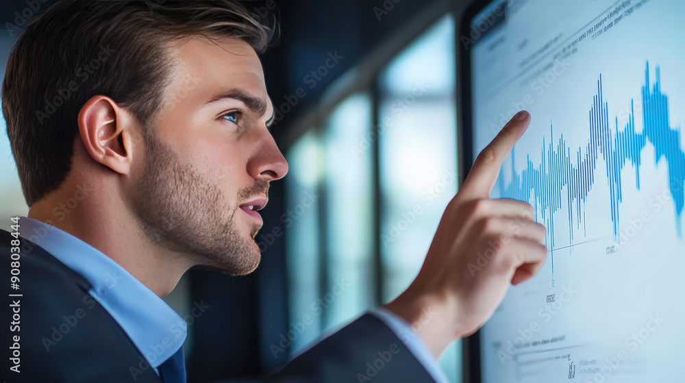 Man pointing at a chart on a screen, data and market analysis Man pointing at a chart on a screen, data and market analysis