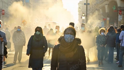 Commuters wearing masks in a polluted urban environment, highlighting the impact of air pollution on daily life.