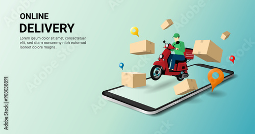 Fast delivery man by scooter on mobile with parcel box.  Online order tracking. Smart Logistic. delivery home and office. Delivery concept. website, banner,app design. 3d vector illustration